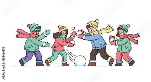 Winter fun children playing snowball fight in colorful winter clothes