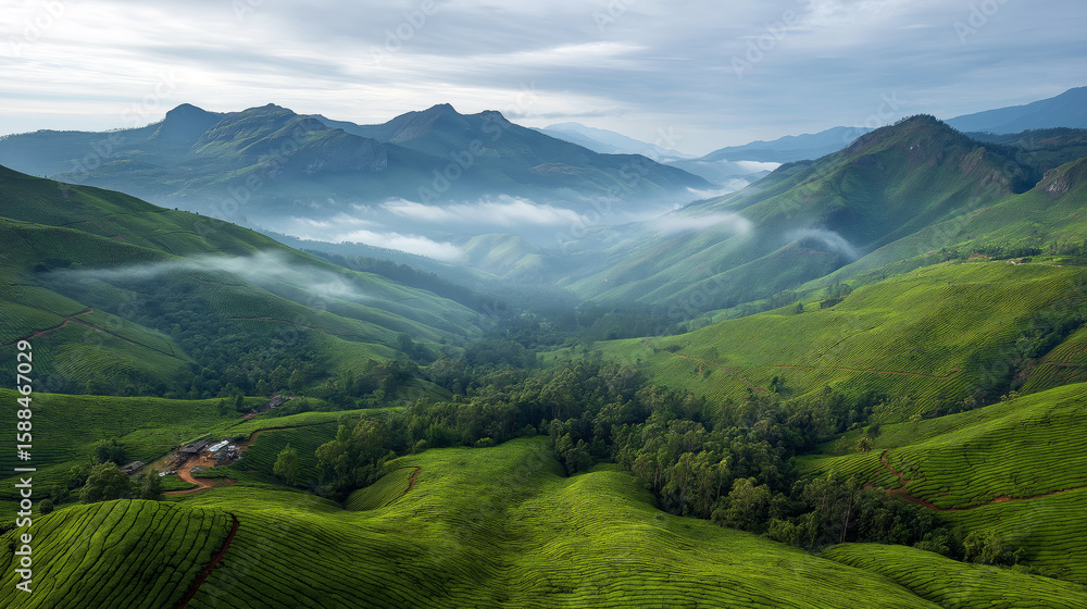 Fototapeta premium High-angle view of Kerala's Munnar hills covered with tea plantations and misty sky, lush green landscape.