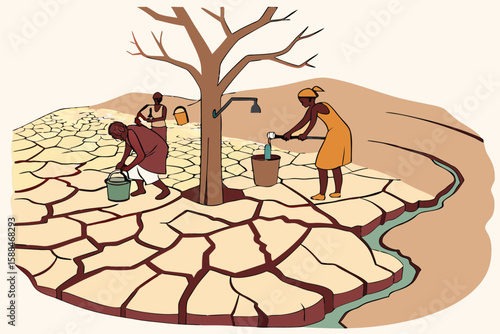People collecting water from a well in a drought stricken land with cracked earth and a bare tree