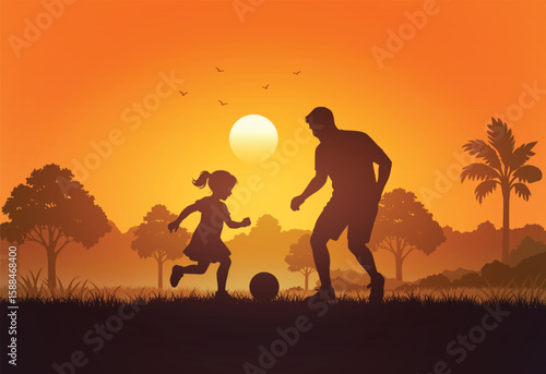 Father and Daughter Playing Soccer at Sunset - Silhouette Vector Illustration

