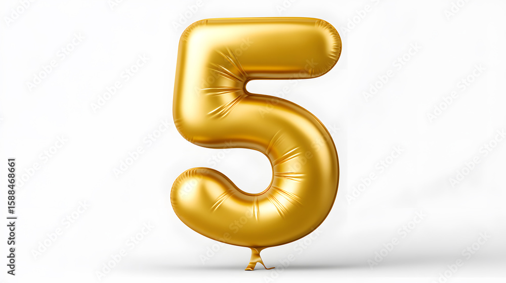 Naklejka premium Golden number 5 balloon on soft white backdrop. Elegant and festive visual great for marking events, numeric compositions, or birthday party branding. number 5 balloon, golden number, celebration