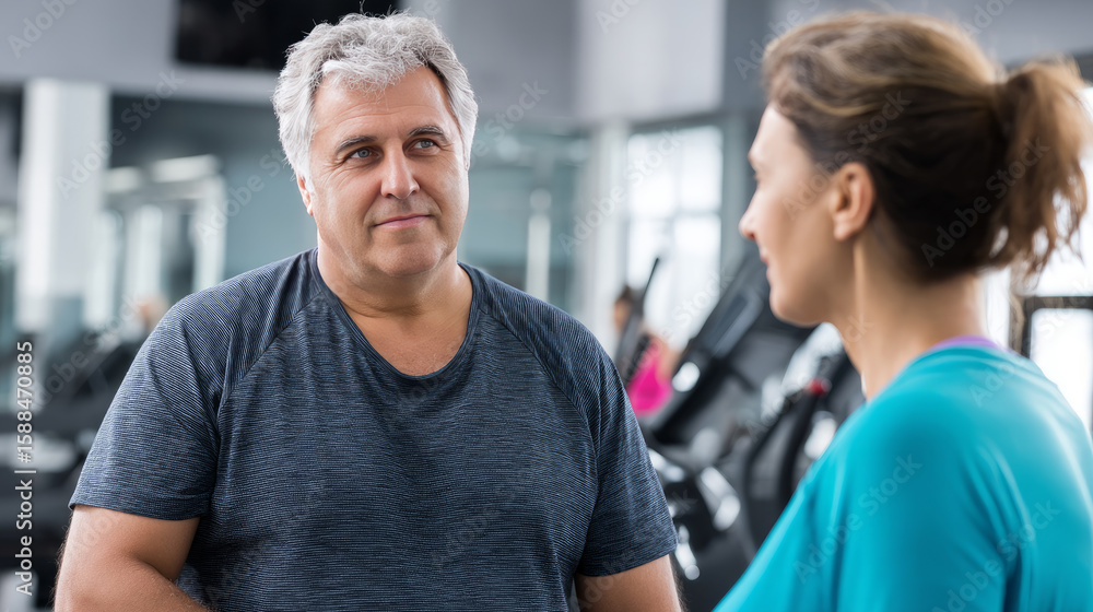 Obraz premium A middle-aged man with obesity visiting a fitness center, inquiring about weight loss programs.