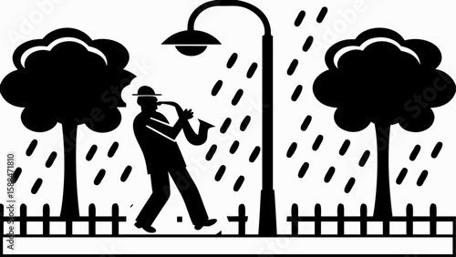 A man playing saxophone under a street lamp in the rain between trees and a fence in black and white silhouette