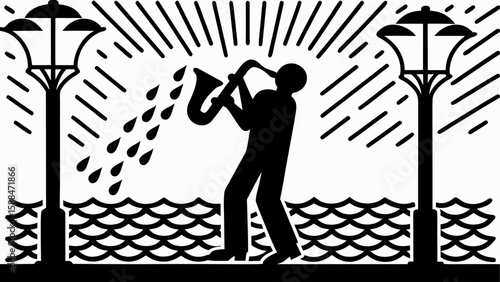 Silhouette of a saxophone player performing between two street lamps near a body of water at night