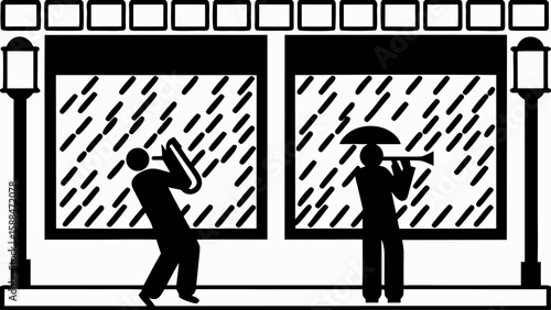 Silhouette of musicians playing instruments in the rain under a canopy with street lamps on each side
