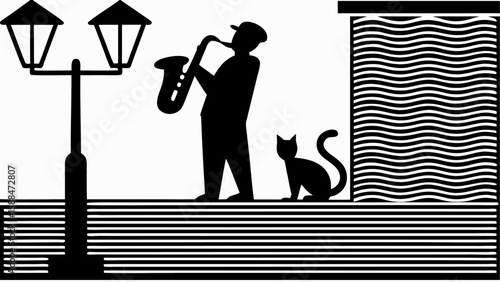 Silhouette of a saxophone player with a cat under a street lamp in a black and white illustration style