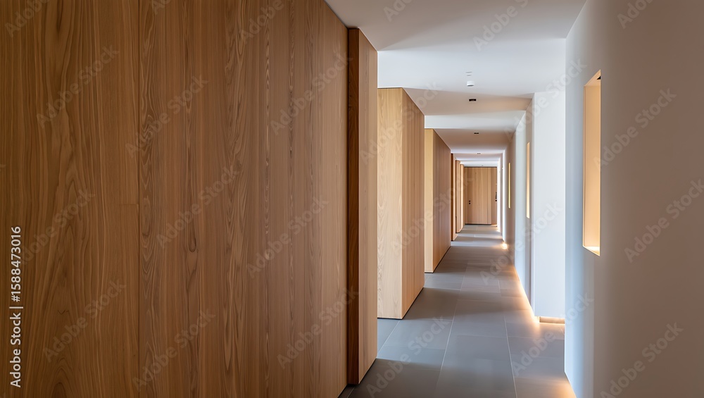 Fototapeta premium Modern hallway design with wood paneling and tile flooring for minimalist interior architecture style home