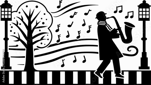 Silhouette of a musician playing saxophone in a park with musical notes and streetlights in black and white