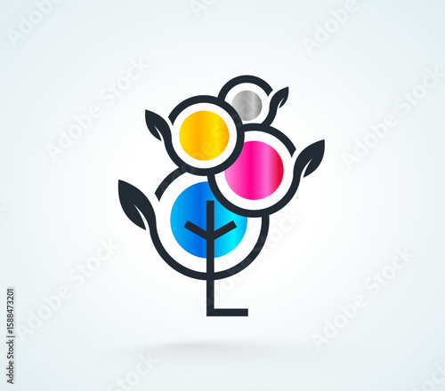 Cmyk Logo. Abstract Tree and Leafs Printing theme. Template design vector. White background