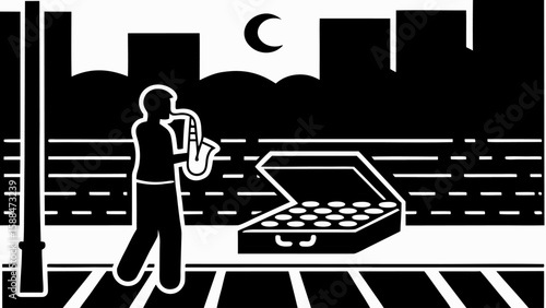 Silhouette of a saxophone player with an open case on a city street under a crescent moon at night