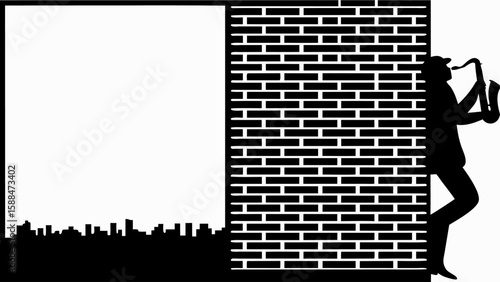 Silhouette of a jazz musician with saxophone against a brick wall and cityscape background scene view