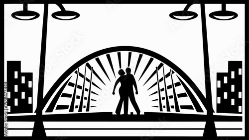 Silhouette of couple on bridge with cityscape and streetlights in black and white illustration