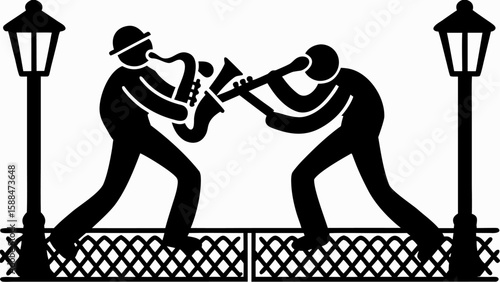 Illustration of two musicians playing saxophone and trumpet between two street lamps on a fence line silhouette