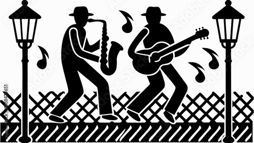 Silhouette of two musicians playing saxophone and guitar with street lamps and music notes in black and white