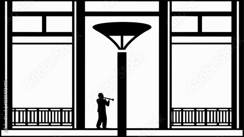 Silhouette of a musician playing trumpet under a street lamp between buildings with balconies and windows