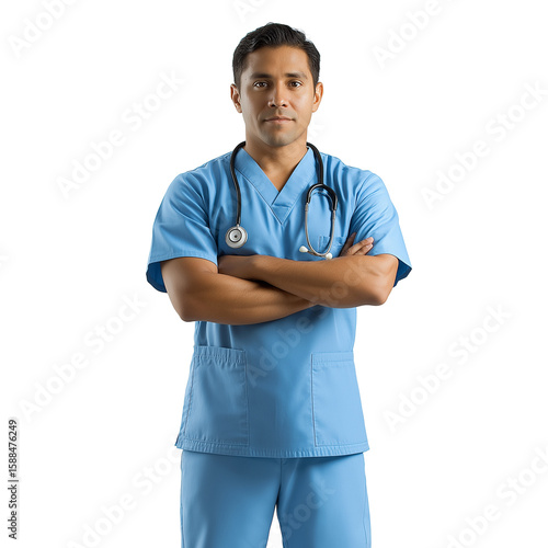 Professional Latin American Male Nurse in Blue Scrubs – Full-Body Isolated on Pure Transparent 