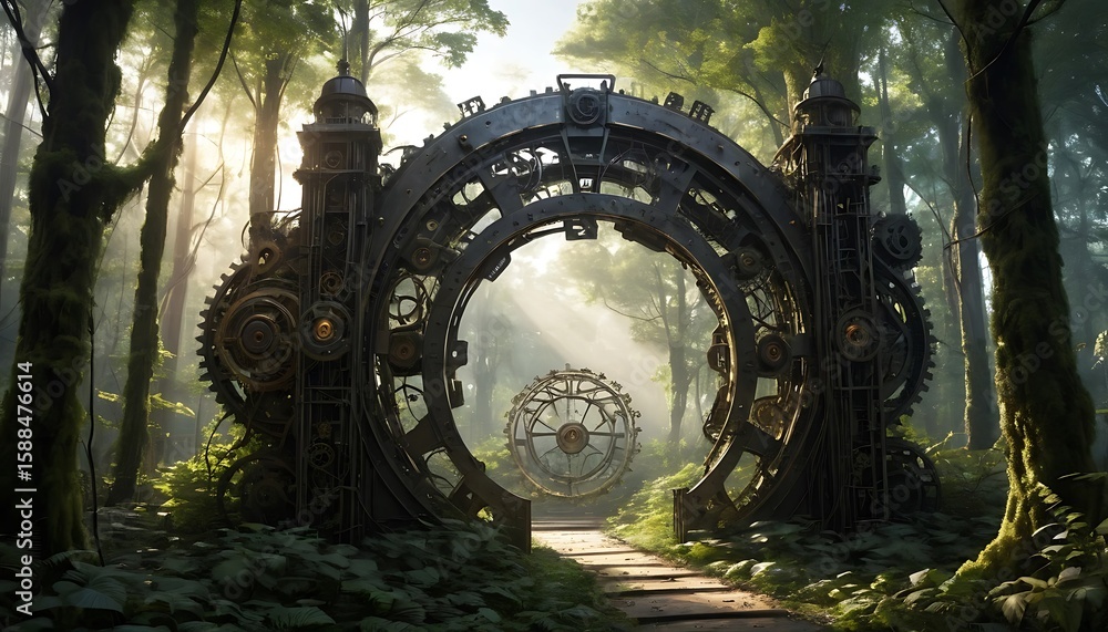 Obraz premium Exploring Steampunk Portal Amidst Lush Forest Trees and Fantasy Sphere
