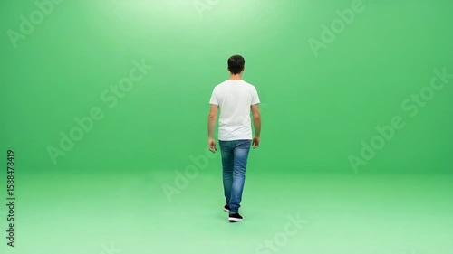 Man Walking Away on Green Screen Simple Studio Shot