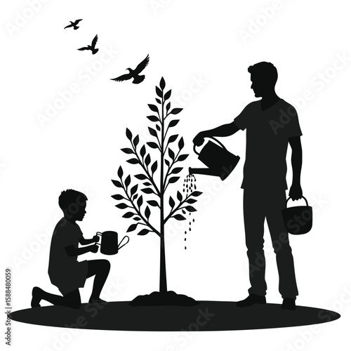 Father and son watering a sapling with birds flying above silhouette child