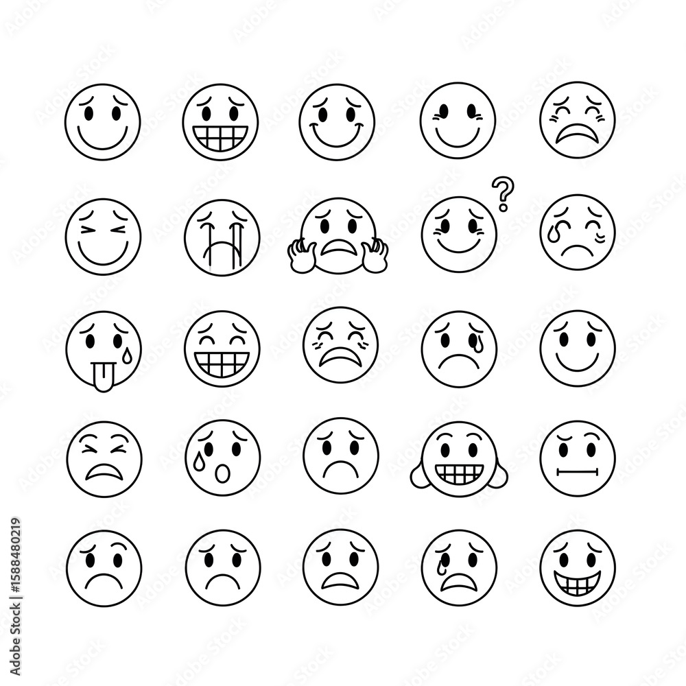 Collection of expressive emoticons displaying various emotions on a transparent background Collection of expressive emoticons displaying various emotions on a transparent background