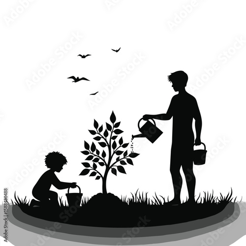 Father and child watering a sapling with birds flying above silhouette