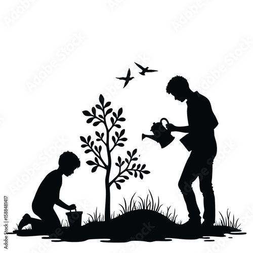 Silhouettes of children planting and watering a tree with birds flying above vector