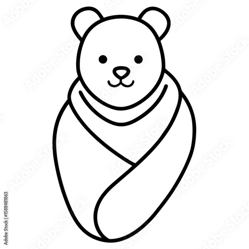 Cozy baby bear wrapped gently in a soft swaddle Line Art Vector illustration