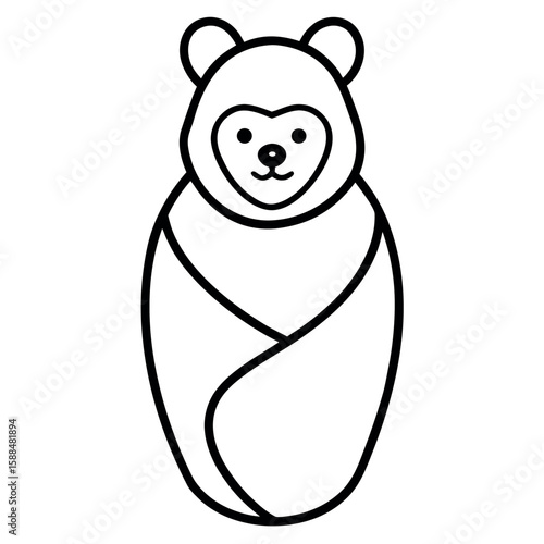 Sweet baby bear snuggled warmly in swaddle Line Art Vector illustration