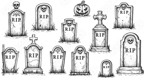 Vintage Ink Sketch Tombstone Collection. Halloween Graveyard Design Elements – Hand Drawn black and white illustration, Engraving Retro Style vector SVG
