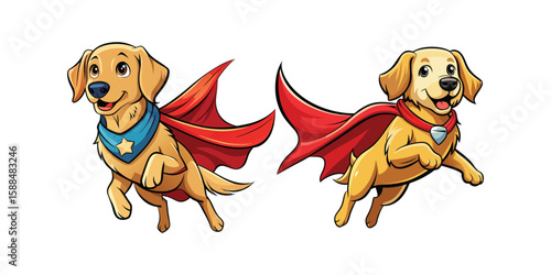 Flying Labrador Superhero in Cape with Floppy Ears – Comic Style Vector Illustration on White Background – Cute Hero Dog Cartoon Art for Designs