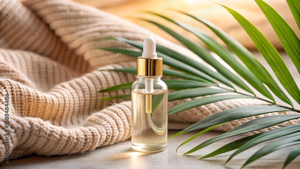 Fototapeta premium Essential Oil Bottle with Palm Leaf and Knit Fabric Backdrop