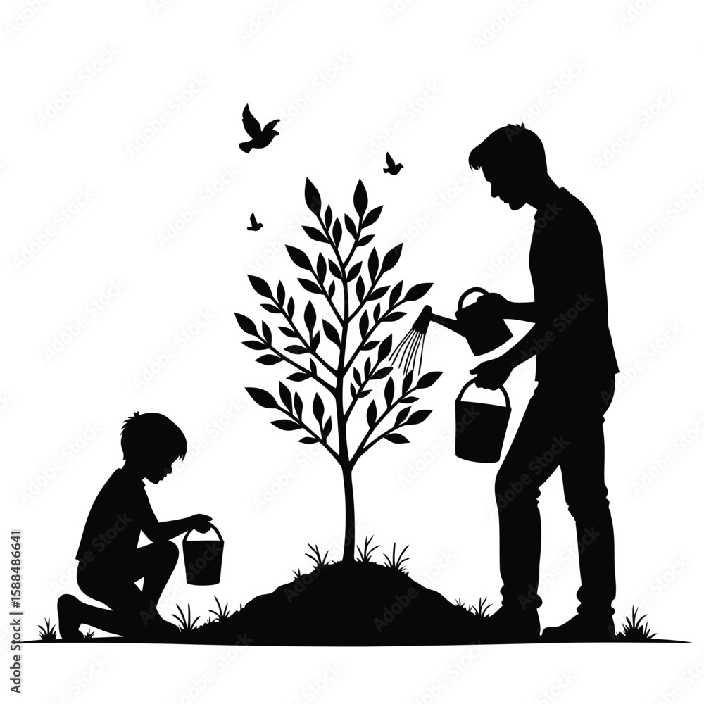 Father and son planting a tree together watering Father and son planting a tree together watering