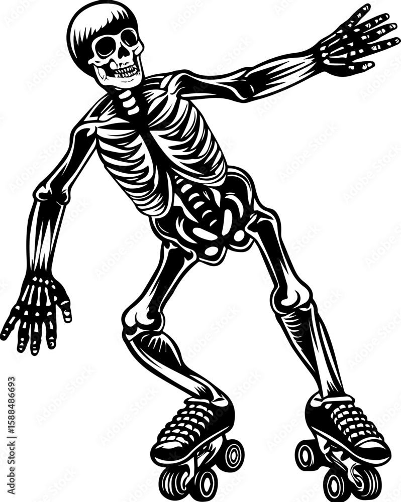 Obraz premium SVG cartoon skull with skeleton elements in bold tattoo style design. Skeleton Skating on Roller Skates in a Dynamic Pose Artwork