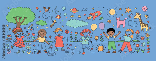 Kids Drawing with Brushes and Pencils on Wall Great for Inclusive Education Concepts, Creative Expression Posters, and School Diversity Campaigns
