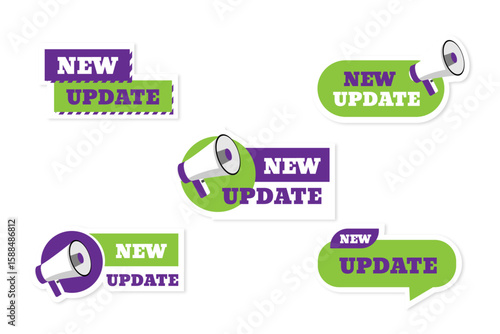 green and purple colors set of update stickers with a megaphone on a white background