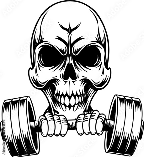 SVG cartoon skull with skeleton elements in bold tattoo style design. Skull and Dumbbell Graphic Design for Fitness and Sport Enthusiasts