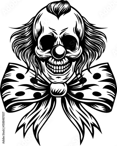 SVG cartoon skull with skeleton elements in bold tattoo style design. Sinister Clown Skull with Bow Tie in Vintage Black and White Style