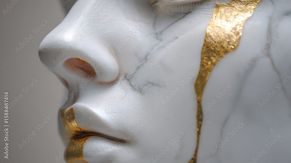 Naklejka premium Serene white stone sculpture of a womana??s face shines with golden accents. Subtle light highlights every curve. Art concept visualized for classical beauty, sculptural elegance
