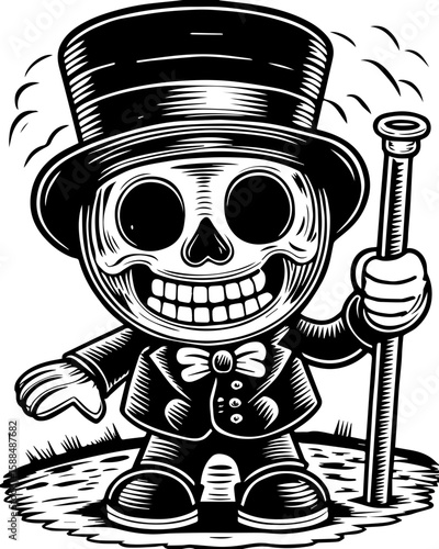 SVG cartoon skull with skeleton elements in bold tattoo style design. Vintage Style Skeleton Character in Classic Top Hat and Bow Tie