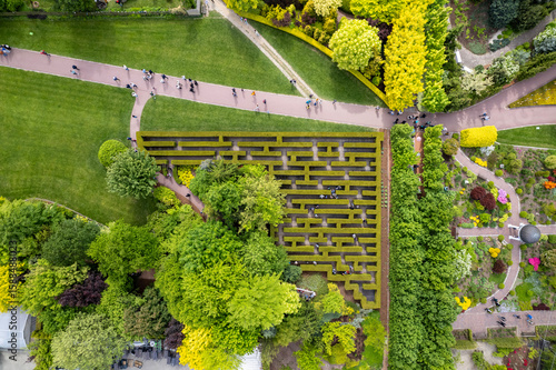 Aerial View of Symmetrical Garden with Hedge Maze, Pathways, Flowerbeds, and Visitors – Public Park Landscape