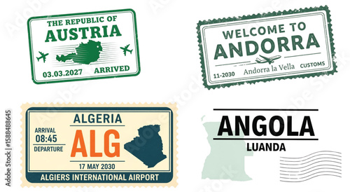 Four travel stamps showcase Austria, Andorra, Algeria, and Angola destinations