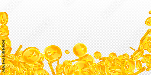 Japanese yen coins falling. Scattered gold JPY