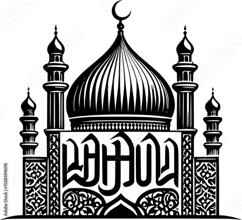 A striking vector silhouette of the Taj Mahal mosque, showcasing its iconic architecture, minarets, and dome, perfect for travel and tourism illustrations of India