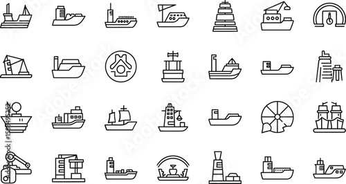A collection of various ship and boat line drawings arranged in a grid pattern on a white background