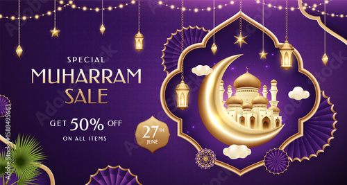 Realistic Happy Muharram Islamic New Year Sale Composition