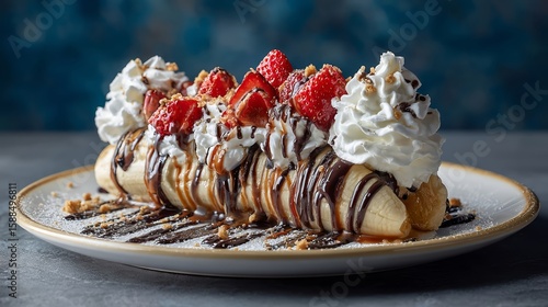 Delicious Banana Split with Chocolate Drizzle and Whipped Cream.