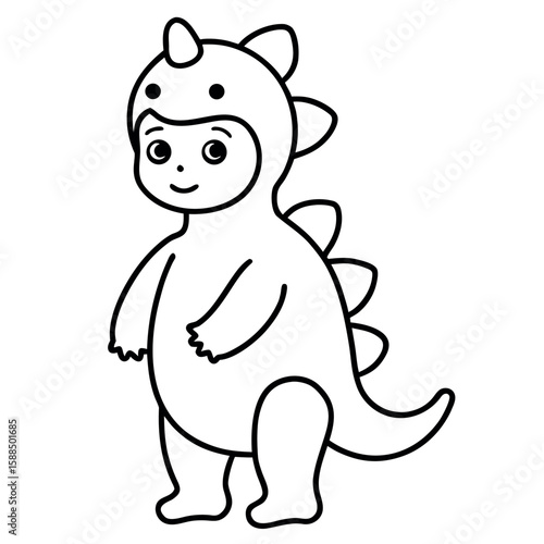 Playful baby in dinosaur costume smiling bright Line Art Vector illustration