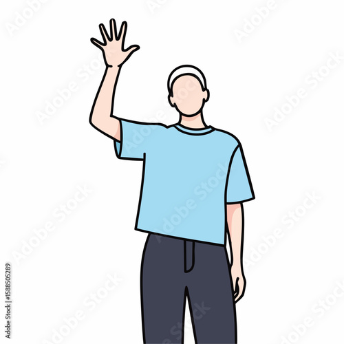 Person Waving Hello in Light Blue T-Shirt on White Background for Social Media, Greeting Blogs, Communication Websites, Virtual Meetings, and Interactive Content  