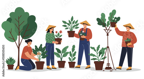 Group of People Gardening with Potted Plants.