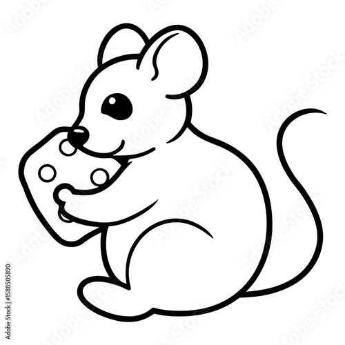 Adorable mouse baby cuddling its favorite cheese Line Art Vector illustration